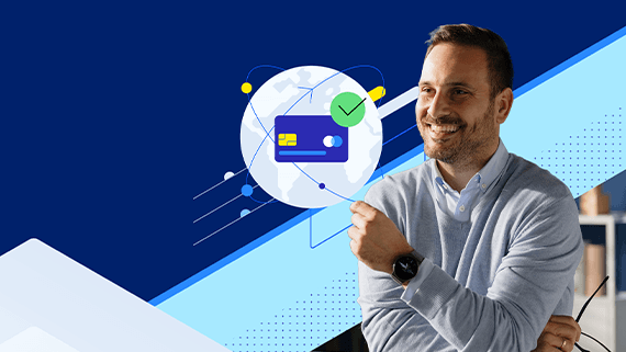Man smiling with graphic of credit card and checkmark